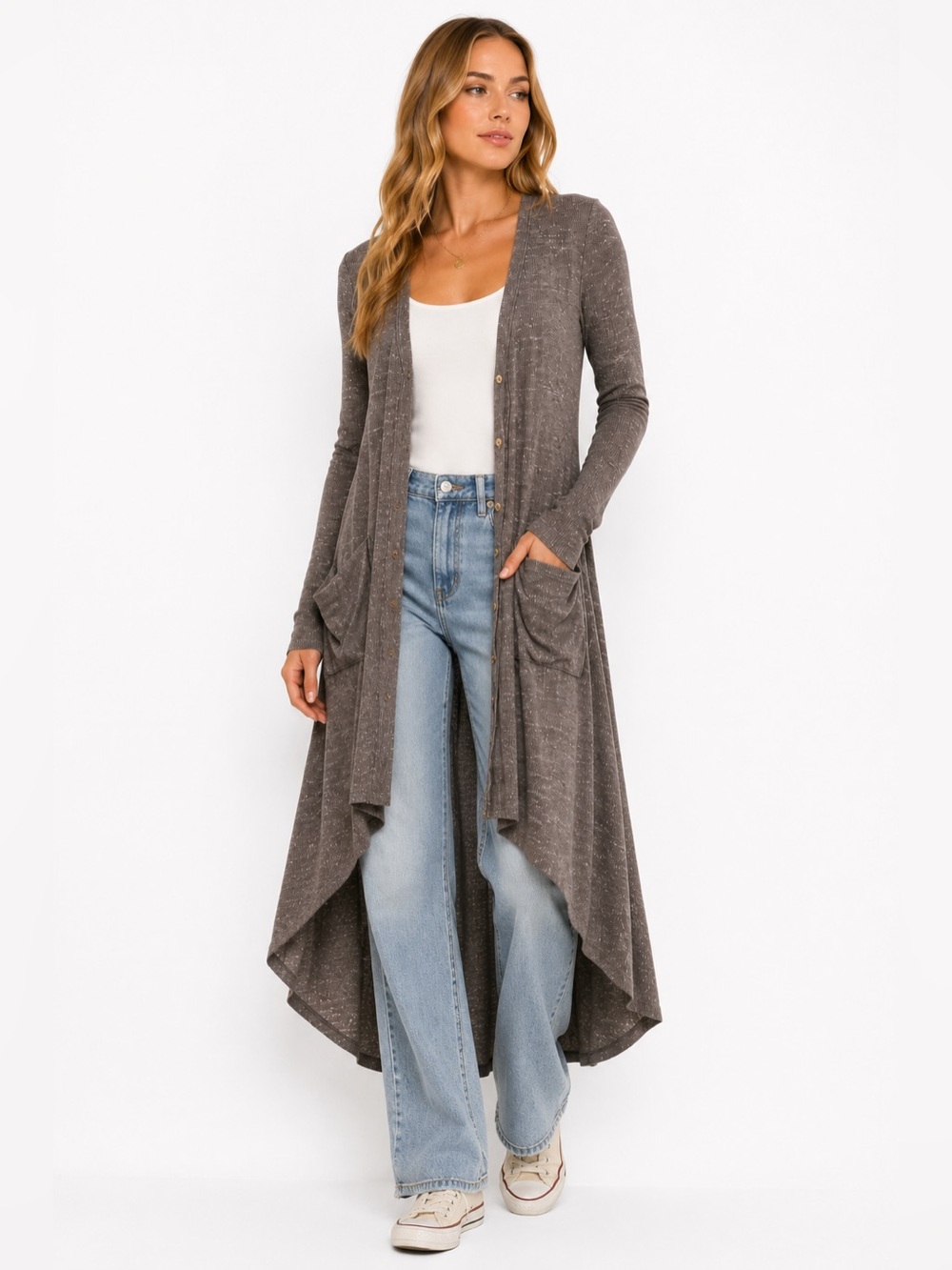 Free People FP Beach Ribbed Up Maxi Cardigan Duster Charcoal Size M